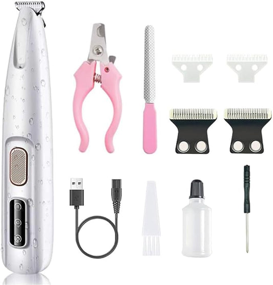 Dog Clipper Electric Paw Trimmer with LED Light - Waterproof, Rechargeable, Low Noise Pet Hair Shaver for Dogs and Cats(Equipped with Replacement blade2pcs) ﻿