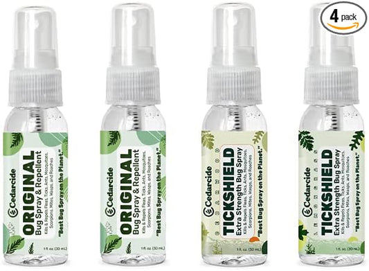 Cedarcide Original & Tickshield Family Pack | Natural Cedar & Lemongrass Oil Bug Spray | Eco-Friendly, Family-Safe Flea & Tick Repellent | Pack of 4, 1oz Spritzers