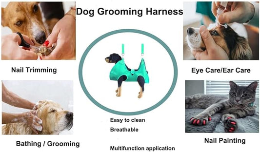 Dog Grooming Hammock with Flea Comb and Dog Nail Clipper, Pet Dog Grooming Hammock Harness with Cat Nail Clipper, Nail File and Dog Brush, Dog Sling for Nail Clipping/Nail Trimming (M, Green)