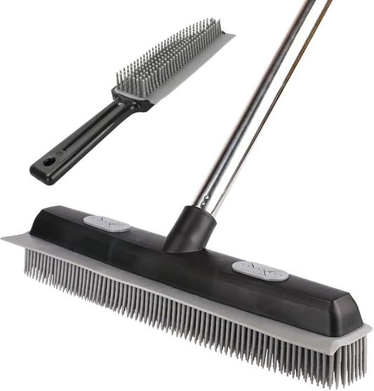 Pet Hair Rubber Broom with Carpet Rake and Pet Brush, 2 in 1 Floor Brush for Carpet, 62 inch Adjustable Handle