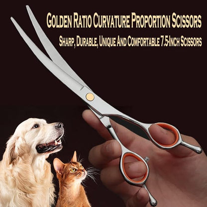 AIRY 7.5-in Professional Dog Grooming Scissors Set - Premium Stainless Steel Scissors Kit Including Straight Cutting, Thinning Shears, Curved Scissors,Comb and Storage Bag,Pet Grooming Kit for Dogs