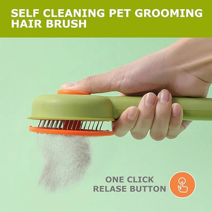 Pet Grooming Brush Kit for Cat and Dog, Hair Massage Cleaner with Release Button, 2 Flea Combs for Shedding Removing Tangles Loose Fur Self Cleaning Accessories, Green(3 Pieces Set)