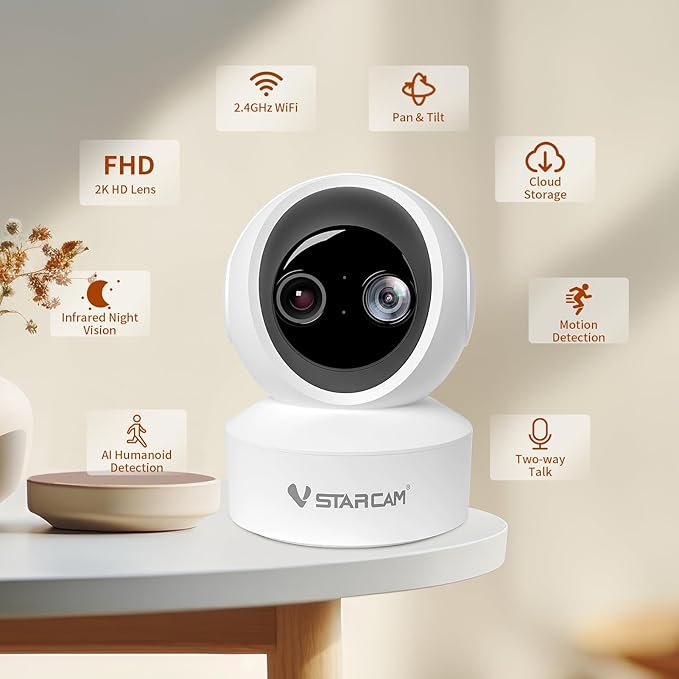 VSTARCAM Indoor Camera, 2K HD Dog/Pet Camera with Phone APP, Night Vision, 2-Way Audio, Hybrid Zoom, 2.4G WiFi Dual Monitor, 7/24 Recording, Cloud/SD Card Storage