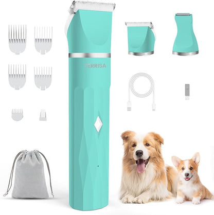 FERRISA 2 in 1 Dog Clippers for Grooming, Dog Hair Clipper for Grooming, Quiet Small Pet Grooming Kit, Electric Pet Hair Trimmer, Waterproof Cat Clipper with 2 Trimming Heads