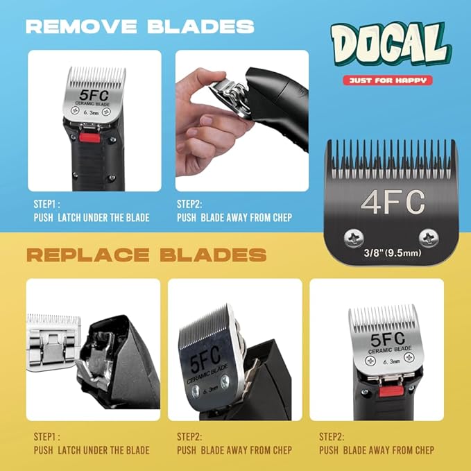 Docal 40# Pet Dog Grooming Detachable Blades, Compatible with Andis Size-7FC Cut Length 1/100"(0.25mm), Most A5,KM Series Clippers,Made of Ceramic Blade & Stainless Steel Blade (Black)