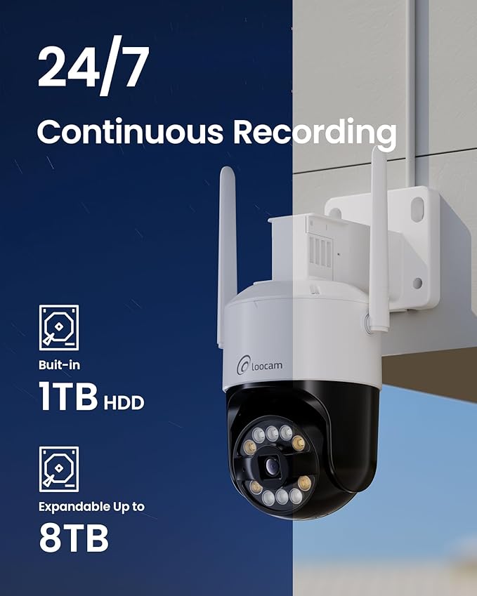 Loocam 4K Wireless Security Camera System Wi-Fi 6, Color Night Vision, 355° Pan 95° Tilt, Light & Siren Alarm, Human Vehicle Detection, Two-Way Audio for Indoor Outdoor, 8CH NVR 1TB HDD Included