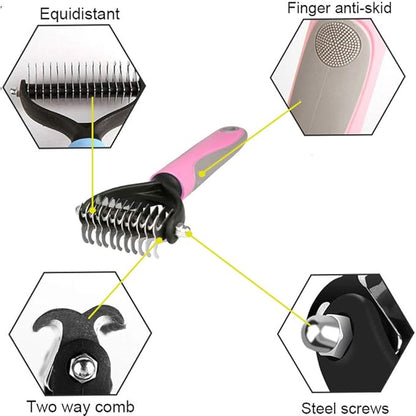 Dematting Comb, Two-Sided Undercoat Rake for Dogs & Cats, Dog Brush for Shedding and Removing Mats,Safe Stainless Steel dematting Tool Pink