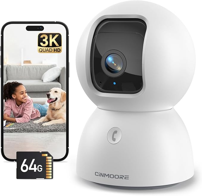 3K Baby/Pet Security Camera with 64GB SD Card, No Monthly Fee, 360° Pan-Tilt, Color Night Vision, AI Cry/Motion Detection, 2-Way Talk, WiFi 6, Compatible with Alexa