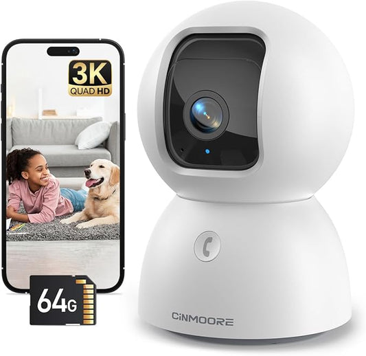 3K Baby/Pet Security Camera with 64GB SD Card, No Monthly Fee, 360° Pan-Tilt, Color Night Vision, AI Cry/Motion Detection, 2-Way Talk, WiFi 6, Compatible with Alexa