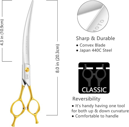 HASHIMOTO Curved Scissors for Large Dog Grooming,8.0 inches, Designed for Professional Groomers or Family DIY Use.