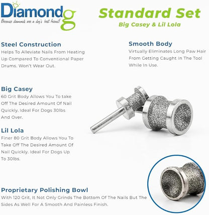 Diamondg - Professional Diamond Nail Rotary Grinder Bits Dogs - Painless Nail Trimmer Bits Won't Pull Hair or Get Hot - Pack of 2 - (1 Large, 1 Small)