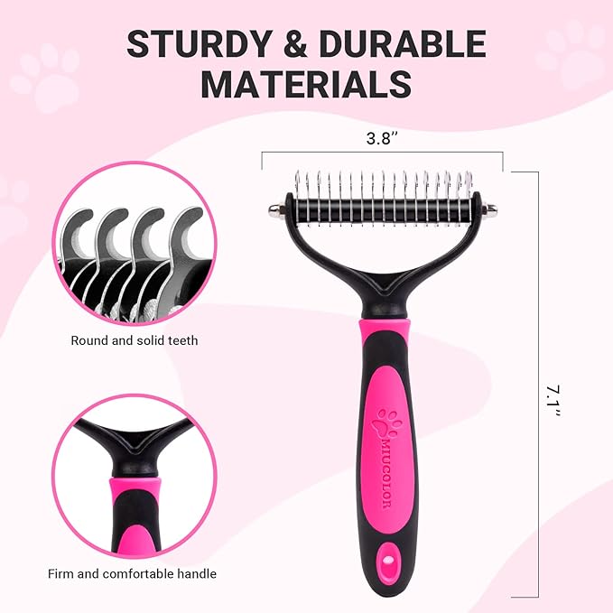 MIU COLOR Pet Grooming Brush, 2 Sided Undercoat Rake for Dogs & Cats, Professional Deshedding Brush and Dematting Tool, Effective Removing Knots, Mats, Tangles for Cats, Dogs, Extra Wide (Pink)