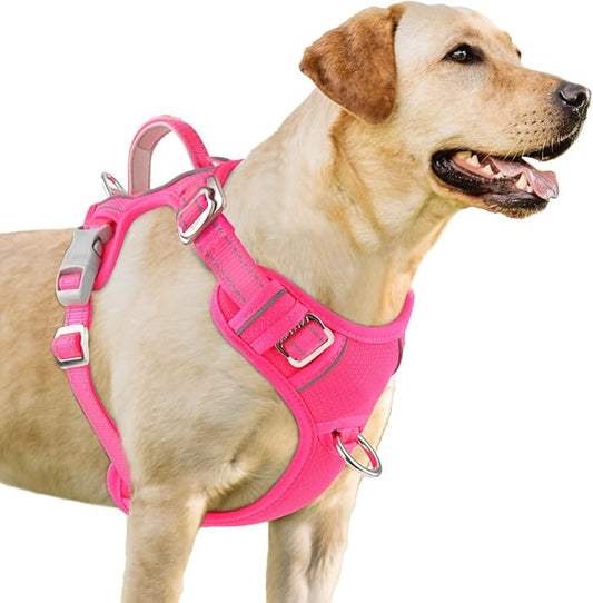 BARKBAY No Pull Dog Harness 3 Buckles Large Reflective Dog Harness with Front Clip and Easy Control Handle for Walking Training Running with ID tag Pocket(Pink,M)