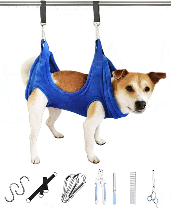 Dog Grooming Harness, Multifunctional Cats and Dogs Grooming Hammock, Pet Beauty Assistant, Nail Scissors/Nail Trimmer/Round Head Scissors (Medium, blue)