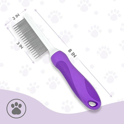Detangling Pet Comb for Dog & Cat, Grooming Comb with Long & Short Stainless Steel Teeth, Safely Remove Knots & Tangles for Healthy Shiny Coat, Gentle Effective Detangling Tool for Pet Hair (Purple)