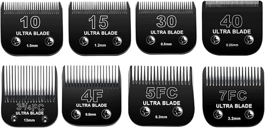 Detachable Pet Dog Grooming Blades of Stainless Steel,Compatible with Andi-s,Oster-A5,Wahl KM-10 Series, 10+15+30+40+7FC+5FC+4F+3-3/4FC（8 counts）