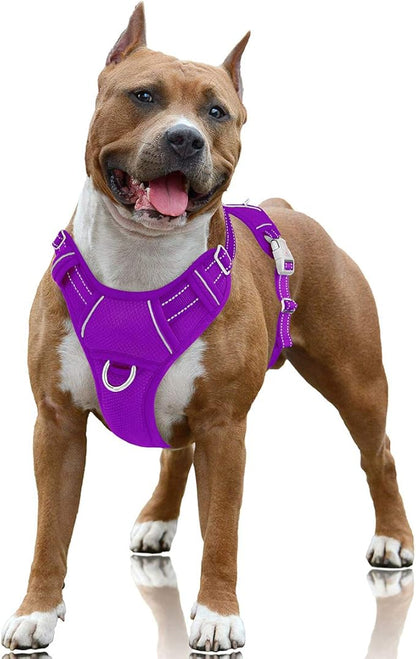 BARKBAY No Pull Dog Harness Large Reflective Dog Harness with Front Clip and Easy Control Handle for Walking Training Running with ID tag Pocket(Purple,L)