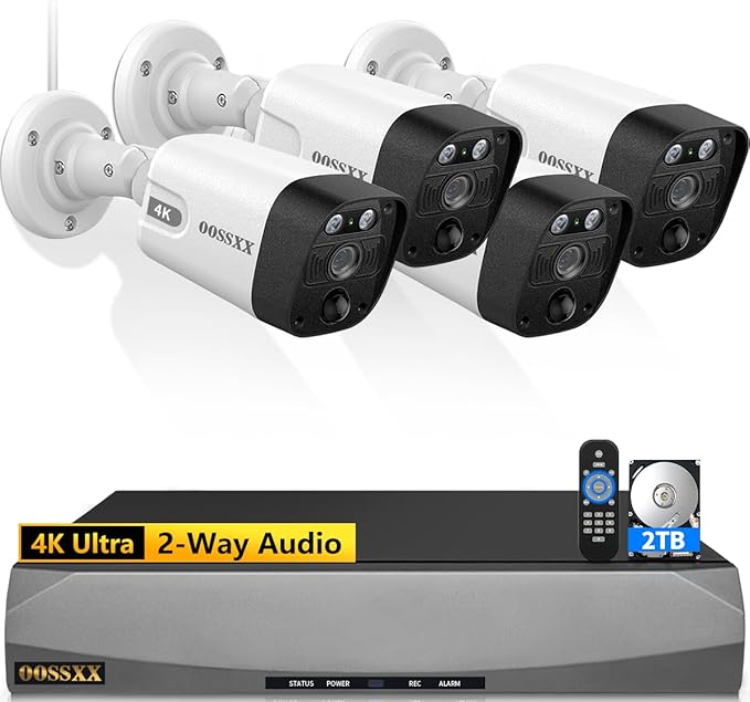 OOSSXX 4K/8.0 Megapixel & 130° Ultra Wide-Angle 2-Way Audio PoE Outdoor Home Security Camera System Wired Outdoor Video Surveillance IP Cameras System