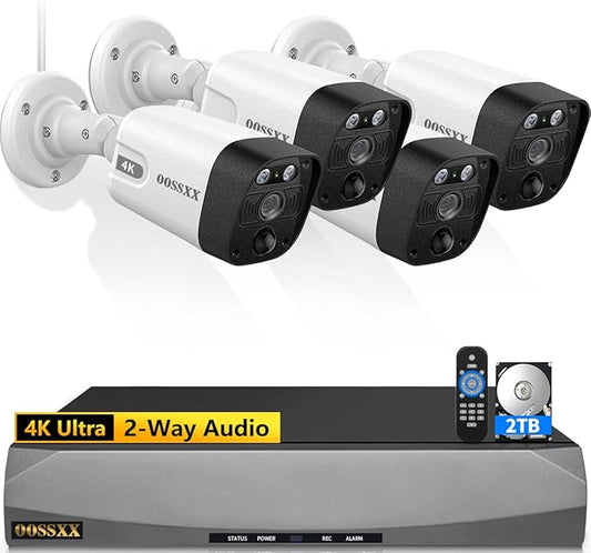OOSSXX 4K/8.0 Megapixel & 130° Ultra Wide-Angle 2-Way Audio PoE Outdoor Home Security Camera System Wired Outdoor Video Surveillance IP Cameras System