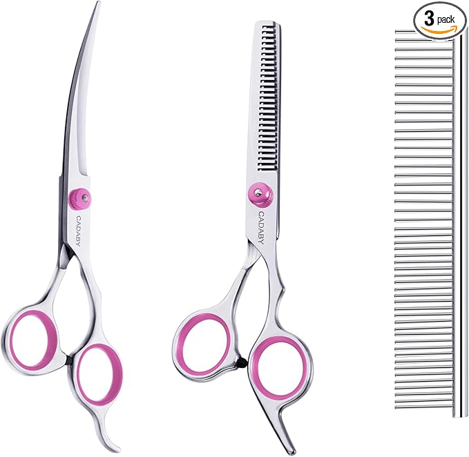 Pink Dog Grooming Scissors with Safety Tip, 3 in 1 Dog Grooming Scissors Kit, Professional Stainless Steel Pet Grooming Shears for Dog, Cat