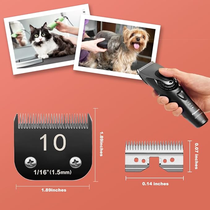Docal 10# Pet Dog Grooming Detachable Blades with Extra Clipper Stainless Steel Blade, Compatible with Andis Size-10# Cut Length 1/16"(1.5mm), Most A5,KM Series Clippers,Made of Ceramic Blade (Black)