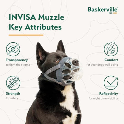 Baskerville INVISA Basket Dog Muzzle - Patented Humane Design with Facial Visibility, Padded Nose Band, Dog can Pant and Drink, Prevents Biting and Scavenging. Muzzle for Large Dogs (Size 6)