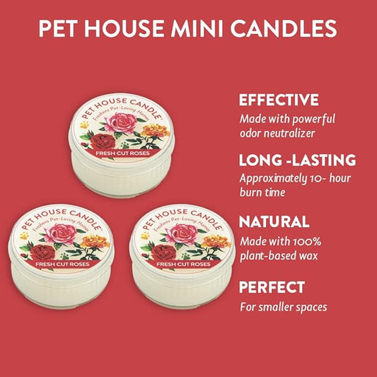 One Fur All Pet House Candle - Fresh Cut Roses 3 Pack - Pet Odor Eliminator - Natural Wax Candle Set