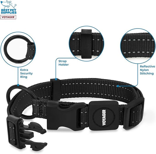 Best Pet Supplies Reflective Dog Collar with Adjustable Length, Heavy-Duty Buckle, and Strong Leash D-Ring, Training, Walking, Jogging Accessory for Small, Medium, and Large Breeds - Black, M