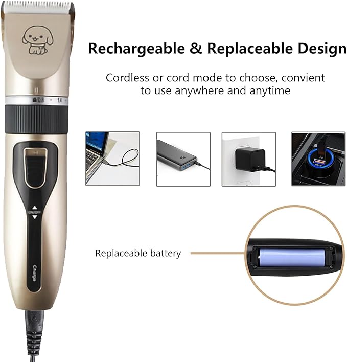 Grooming Kit Clippers,Low Noise,Dog Shaver Cordless Electric Quiet Hair Clipper Set for Dog Cats Pets（Gold）