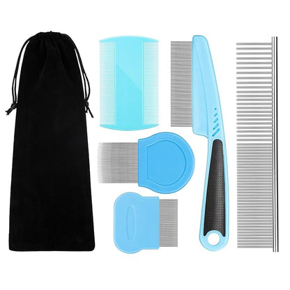 Flea Comb For Dogs & Cats Pet Comb Grooming Set 5 Pieces Metal Teeth Durable Remove Tear Stain Float Hair Combing tangled hair Dandruff Add Storage Pouch (Blue)