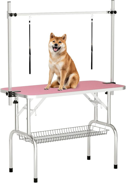 46'' Dog Grooming Table for Large Dogs, Foldable Professional Grooming Table for Dogs at Home with Double Loops/Mesh Tray/Adjustable Arm, Capacity up to 330lbs, Pink