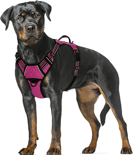 BARKBAY No Pull Dog Harness Large Reflective Dog Harness with Front Clip and Easy Control Handle for Walking Training Running with ID tag Pocket(Pink/Black,XL)