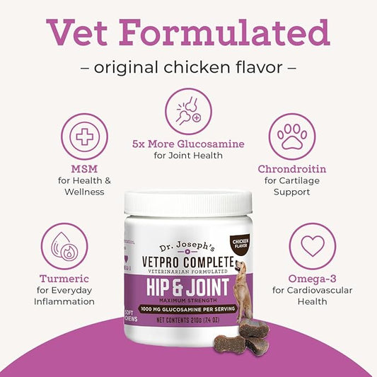 VetPro Complete Dr. Joseph's Dog Hip and Joint Supplement, 60 Count, Chicken Flavored Pain and Inflammation Relief Chews with Glucosamine, Chondroitin, MSM, Turmeric, Vitamin C, Omega 3