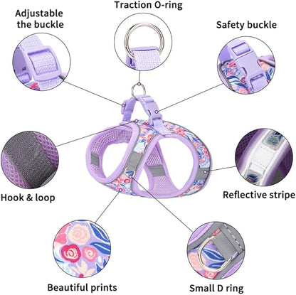 Step in Dog Harness and Leash Set, Flower Adjustable Easy Walk Puppy Harnesses, Soft Mesh Pet Vest Harness Small Size Dog Adjustable No Pull Dog Harness for Small Dogs and Cats(Pink, XXS)