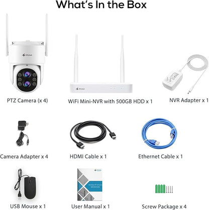 Kittyhok PTZ Wireless Security Camera System | 4pcs Dual Lens 2K Security Camera Wireless Outdoor with 10X Zoom, WiFi6 2.4G/5G, Auto Tracking, Human Detection, Spotlight | 10CH NVR with 500GB HDD