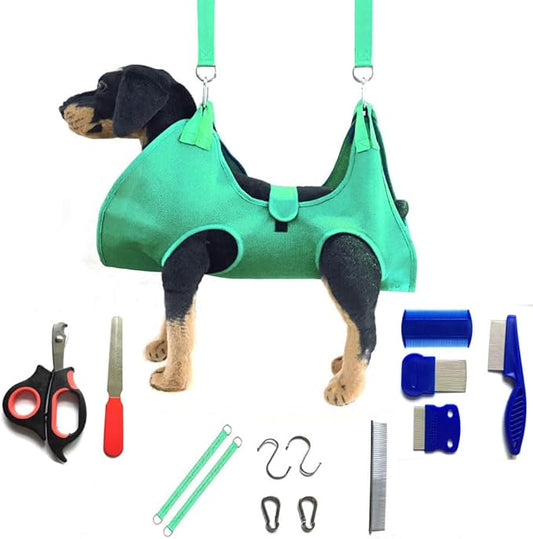 Dog Grooming Hammock with Flea Comb and Dog Nail Clipper, Pet Dog Grooming Hammock Harness with Cat Nail Clipper, Nail File and Dog Brush, Dog Sling for Nail Clipping/Nail Trimming (L, Green)