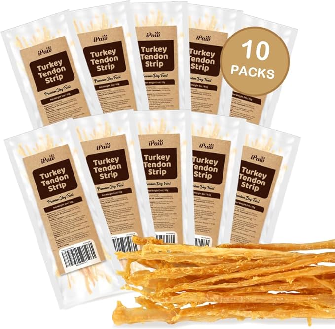 iPaw Turkey Tendons for Dogs, 100% Turkey and US Sourced Raw Material, Hypoallergenic, All Natural Human Grade Puppy Chew, Rawhide Alternative Dog Treats, 10 Unit/Packs Strip