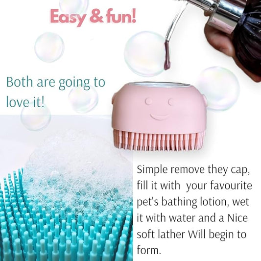 Silicone Pet Grooming Brush with Shampoo Dispenser - Dog, Cat, and Puppy Massage Brush for Bath Time