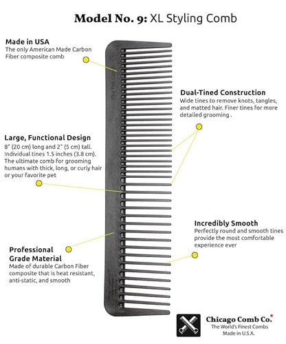 Chicago Comb No. 9 Pet, the XL Comb for Man or Beast, Carbon Fiber, Made in USA
