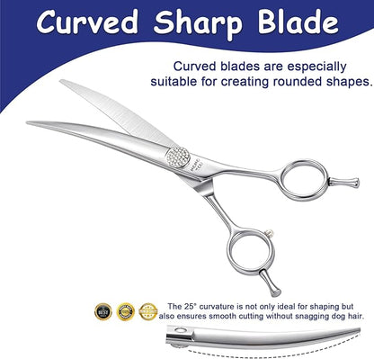 Professional Curved Dog Grooming Scissors with Simulation Diamond 440C Stainless Steel Polished Pet Cat Hair Cutting Shears for Groomers and Home users 8''
