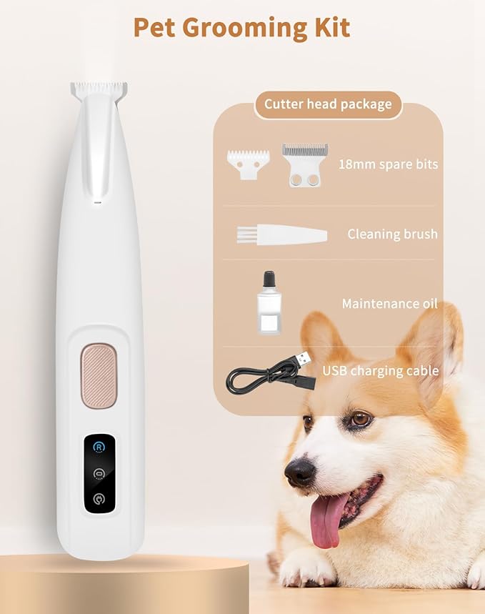Dog Paw Trimmer with LED Light, Ultra-Low Noise Dog Trimmer Grooming Kit with Replacement Blades, Waterproof Rechargeable Pet Hair Clippers for Small Dogs Cats Paws, Eyes, Ears, Face, Rump