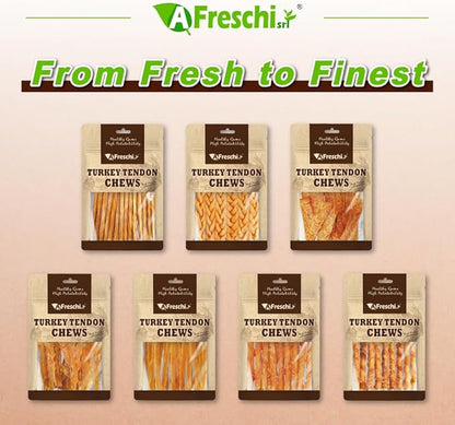 AFreschi Turkey Tendons for Dogs, USA-Sourced, Healthy Dog Treats, Rawhide-Free Puppy Chews, All Natural, Hypoallergenic Dog Treats, Classic Series, Braided Sticks, 3.5 oz Pack