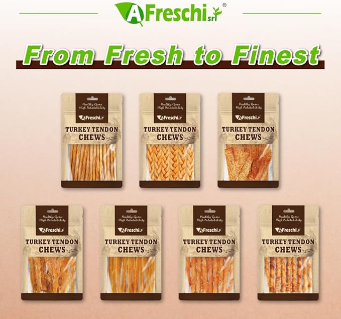 AFreschi Turkey Tendons for Dogs, USA-Sourced, Healthy Dog Treats, Rawhide-Free Puppy Chews, Long Lasting, All Natural, Hypoallergenic Dog Treats, Classic Series, Coil (S), 3 oz Pack