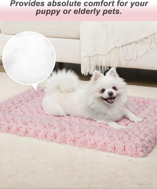 Washable Dog Bed Mat Reversible Dog Crate Pad Soft Fluffy Pet Kennel Beds Dog Sleeping Mattress for Large Jumbo Medium Small Dogs, 35 x 22 Inch, Pink