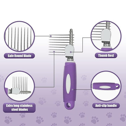 Detangling Pet Comb for Dog & Cat, Grooming Comb with Long & Short Stainless Steel Teeth, Safely Remove Knots & Tangles for Healthy Shiny Coat, Gentle Effective Detangling Tool for Pet Hair (Violet)