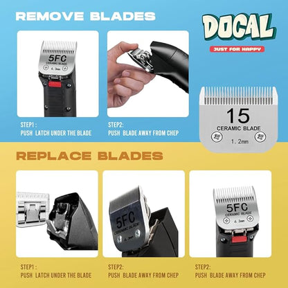 Docal 15# Pet Dog Grooming Detachable Blades, Compatible with Andis Size-15# Cut Length 3/64"(1.2mm), Most A5, KM Series Clippers,Made of Ceramic Blade & Stainless Steel Blade