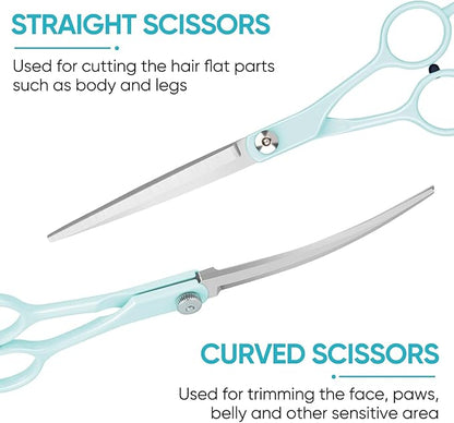 Dog Cat Grooming Scissors Kit,Pet Grooming scissors Set,Dog Scissors for Grooming,Incude Thinning,Straight,Curved Grooming Scissors and Comb for dogs, cats.