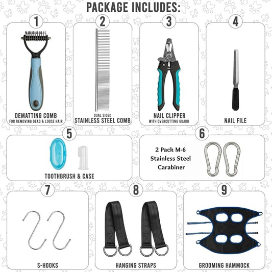 Cat & Dog Grooming Hammock - DIY Pet Grooming Kit With Sling, Nail File, Comb, and Trimmers - Small to Large Pets