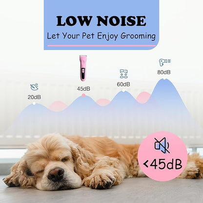 Dog Grooming Clippers - Low Noise Electric Dog Hair Trimmer Cordless Rechargeable Pet Clippers, 3 Speeds Dog Grooming Kit for Small Dogs Cats - Pink