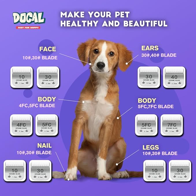 Docal 7FC Pet Dog Grooming Detachable Blades, Compatible with Andis Size-7FC Cut Length 1/8"(3.2mm), Most A5, KM Series Clippers,Made of Ceramic Blade & Stainless Steel Blade Golden